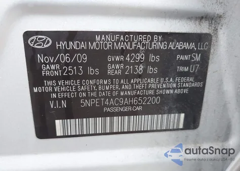 2010 Hyundai Sonata Gls z USA, uszkodzony, nr VIN 5NPET4AC9AH652200